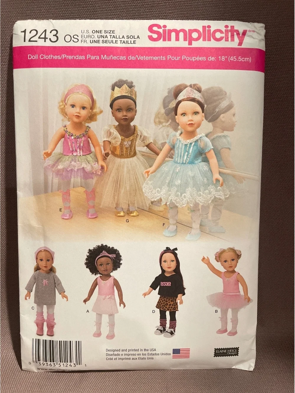 Simplicity 1243 18 Inch Doll Clothes Pattern Ballerina Tutu Dresses UNCUT